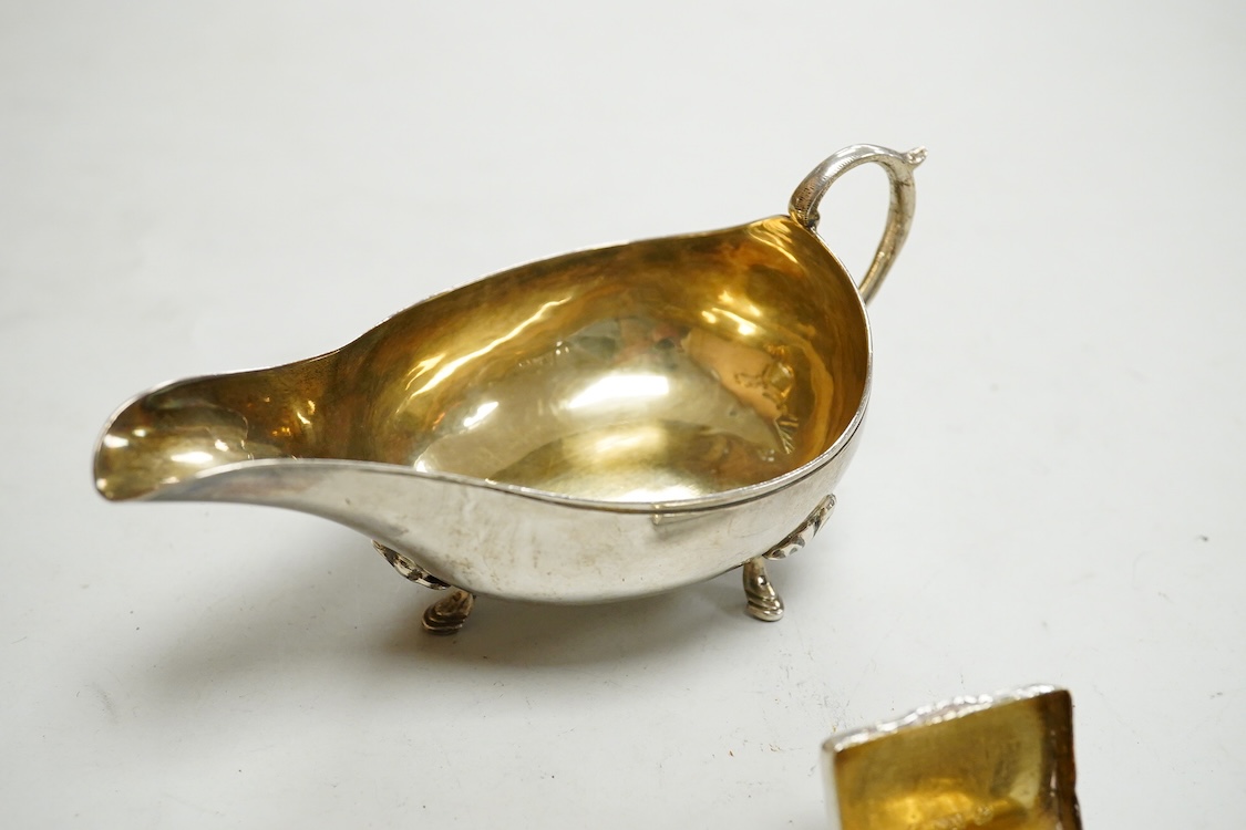 A William IV silver rectangular vinaigrette, by Nathaniel Mills, Birmingham 1830, 30mm(tired), together with a William IV silver pap boat, London, 1832, with later added hallmarked Victorian handle.